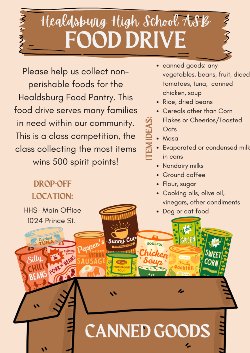 English food drive flyer outlining donatable items and drop off location